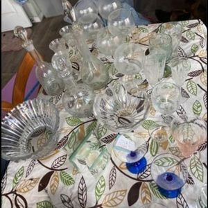 Glass bowls,various glasses, 4wine decanters